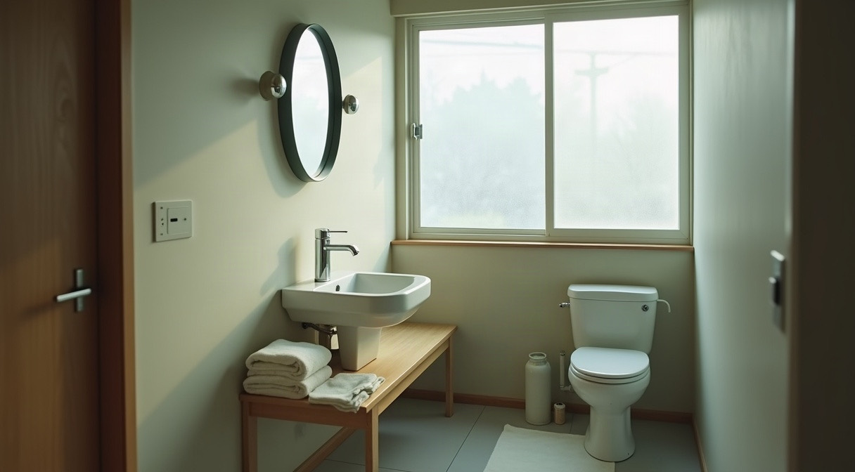 冬の朝の、洗面台とトイレがある小さな部屋。洗面台の下の木の台にタオルがたたんで置かれ、窓から白く冷たい光が入っている。