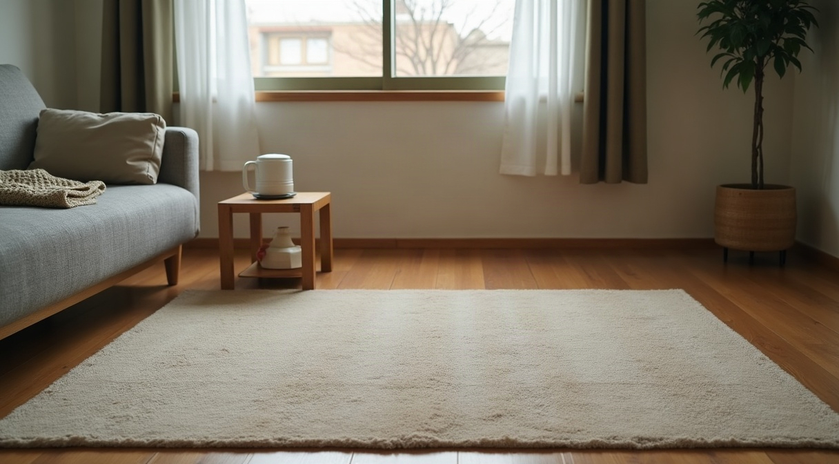 冬のリビングの床に敷かれたベージュのラグ。奥にグレーのソファとニットのブランケット、木の小さなテーブルにマグカップが置かれ、窓にはカーテンが引かれている。